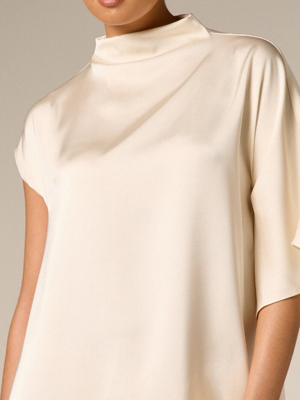 Beige Elegant Women's Asymmetric Drape High Neck Short Sleeve Mini Dress - Picture 5 of 5